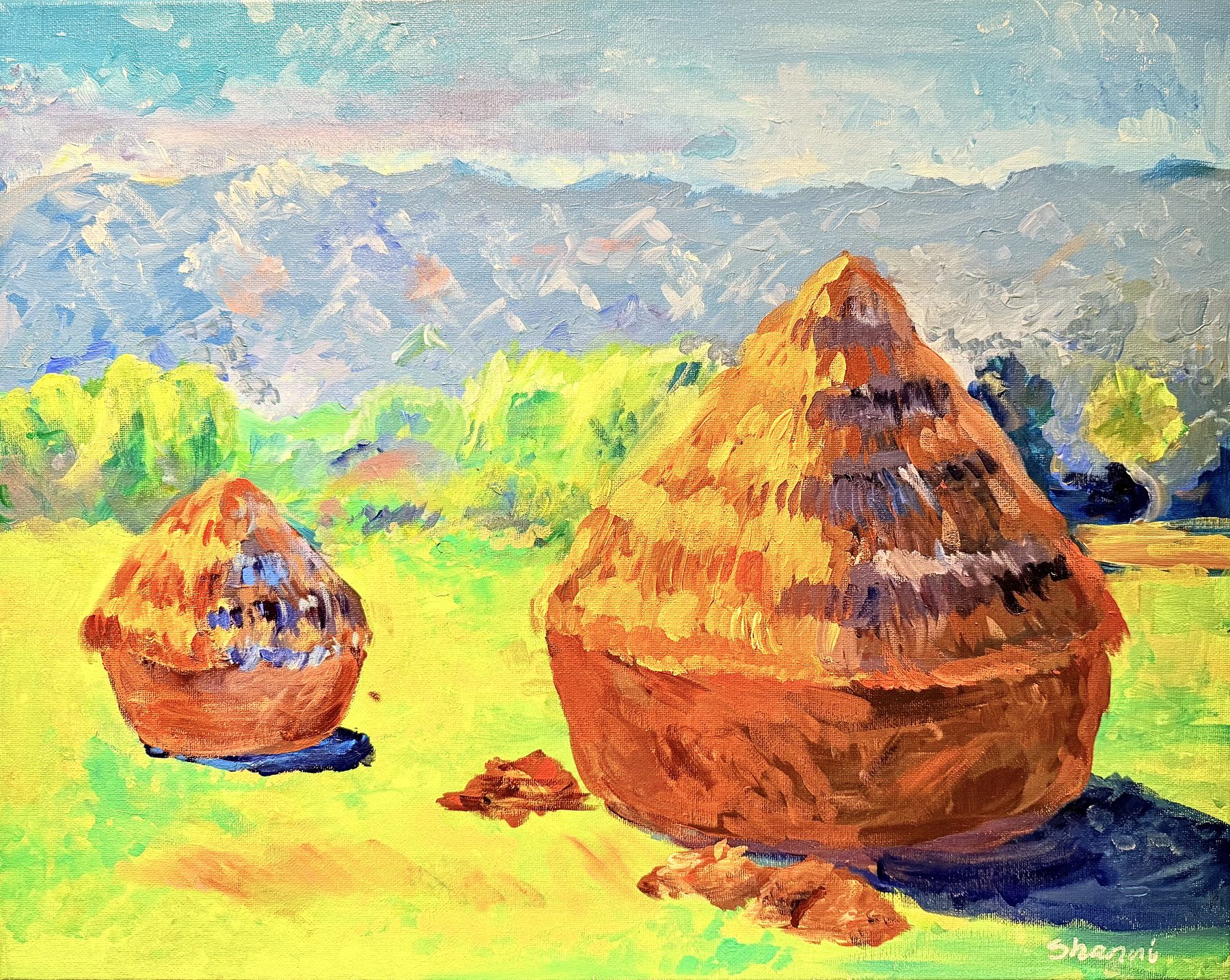 Haystack — colorful painting of two haystacks in a field by Shanni Li