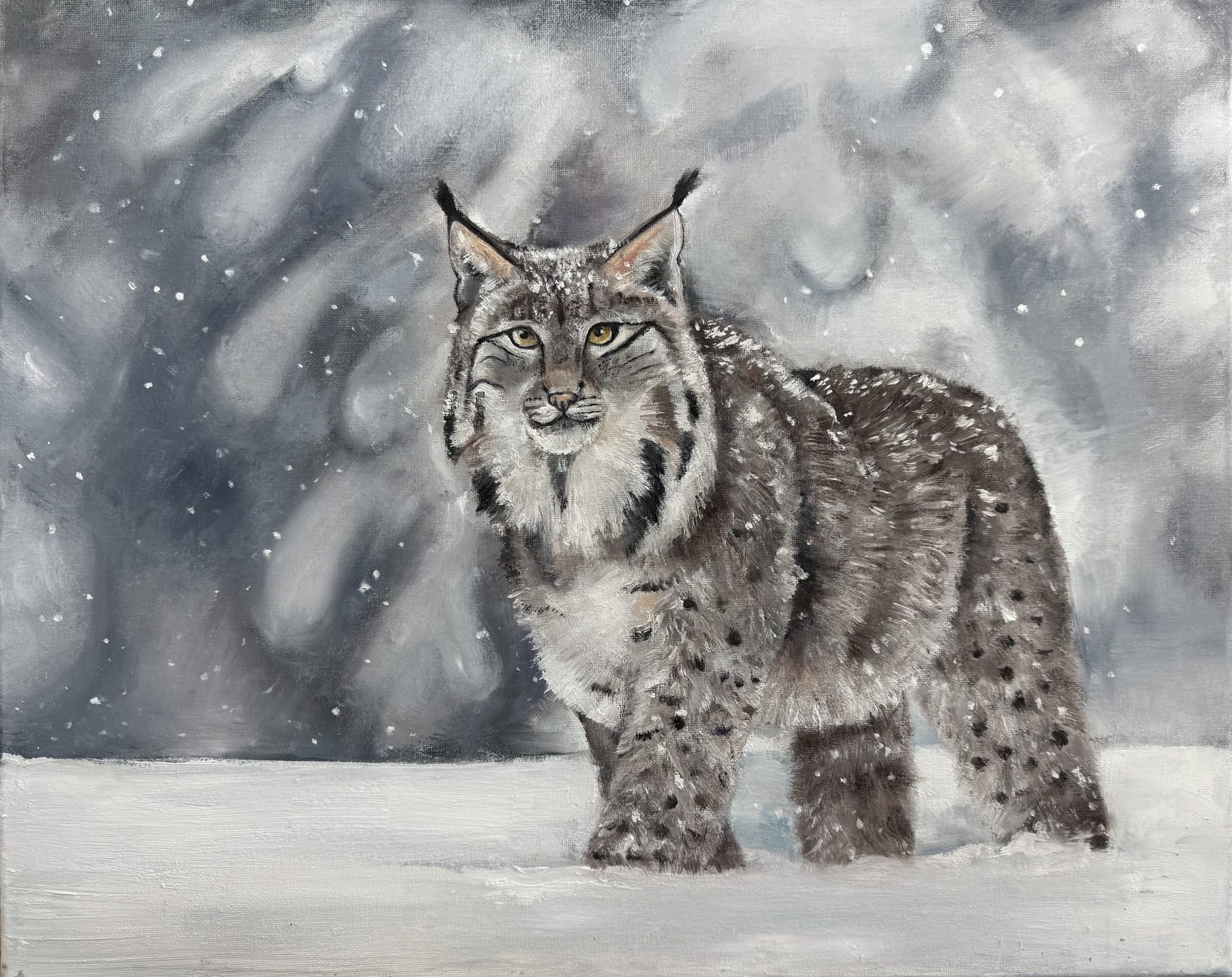 Spirit of the Lynx — painting of a lynx in falling snow by Shanni Li