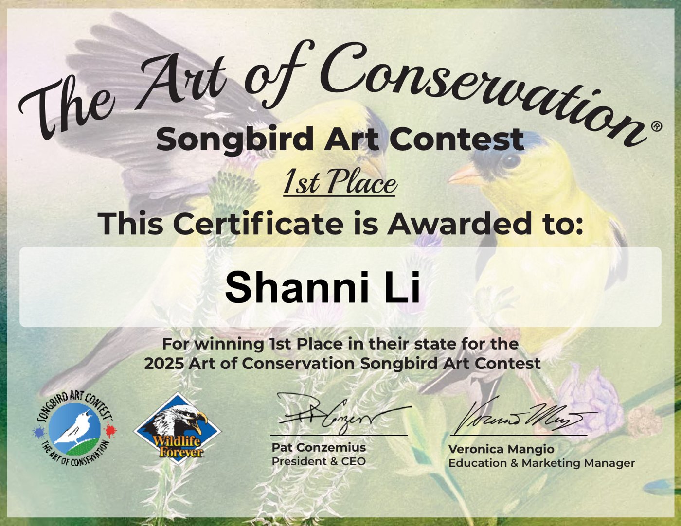 Songbird Art Contest 1st Place certificate awarded to Shanni Li