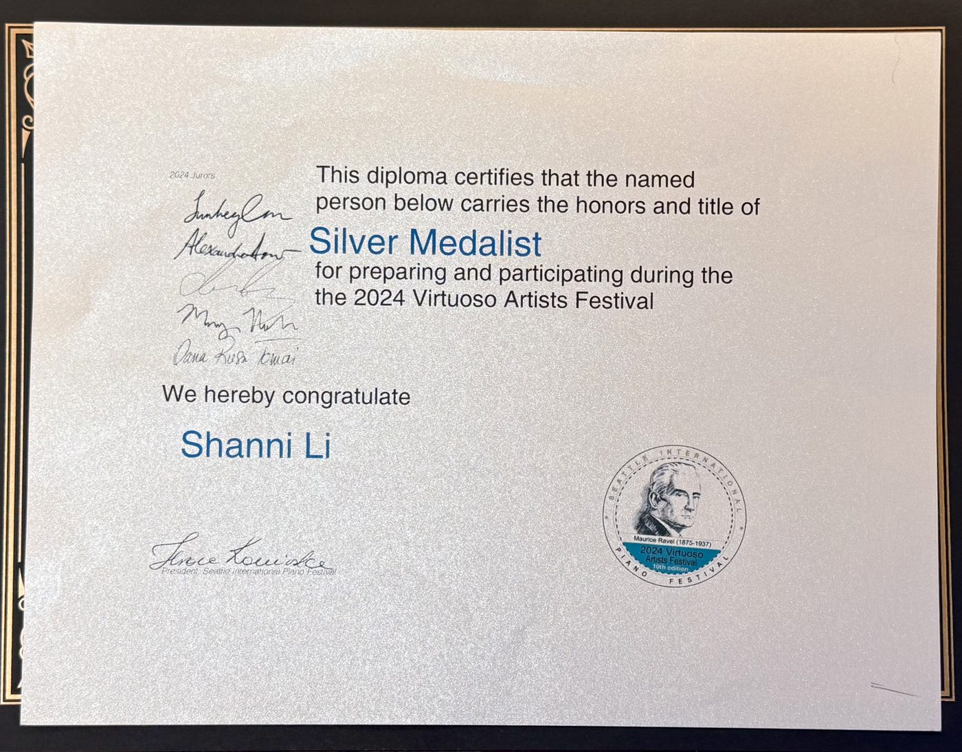2024 Virtuoso Artists Festival Silver Medalist diploma for Shanni Li
