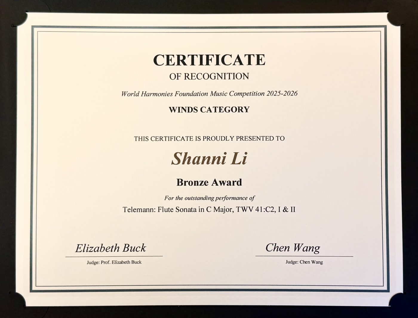 World Harmonies Competition Bronze Award certificate for Shanni Li
